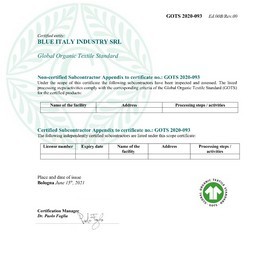 Blueitaly™ story: GOTS – certificazione – prima certificazione giugno 2020 - rinnovo giugno 2021 - www.blueitaly.org
